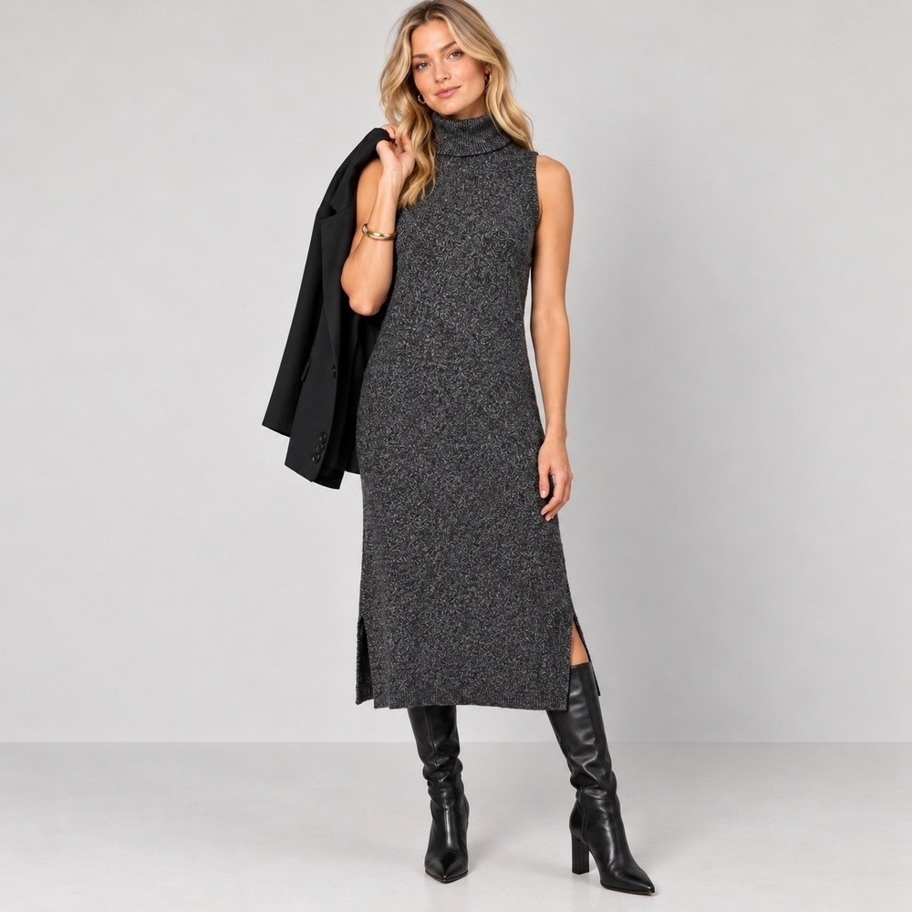 Rachel Zoe Grey Marl Turtleneck Midi Sweater Dress Quiet Luxury Minimalist L